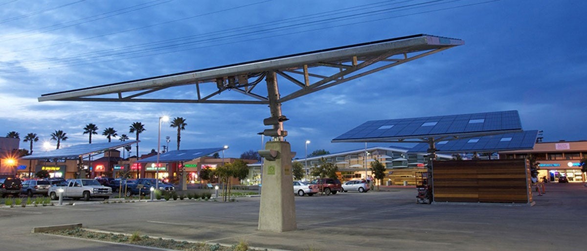A Beam Global solar tree mounted in a parking lot