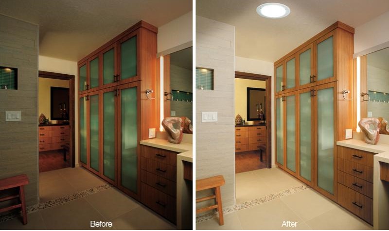 A bathroom before and after a solar tube installation