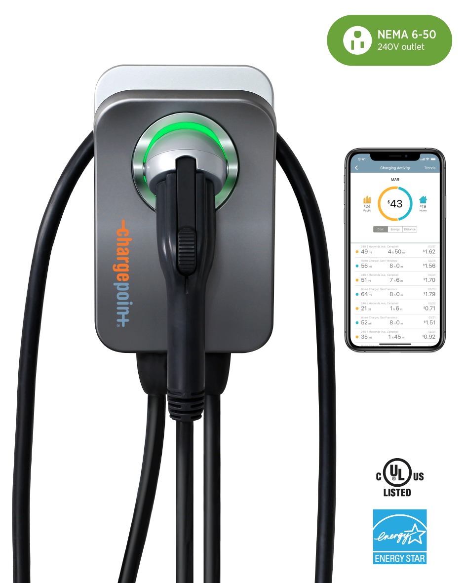 A rendering of a ChargePoint EV charger and a phone with the ChargePoint app open