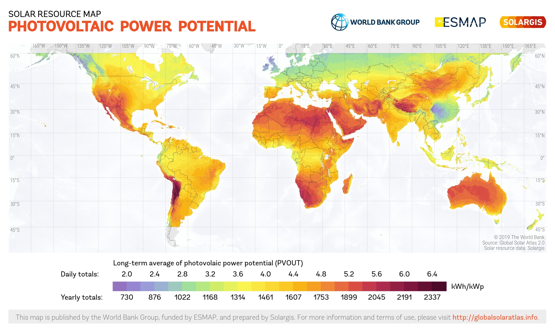 A map of global photovoltaic power potential.