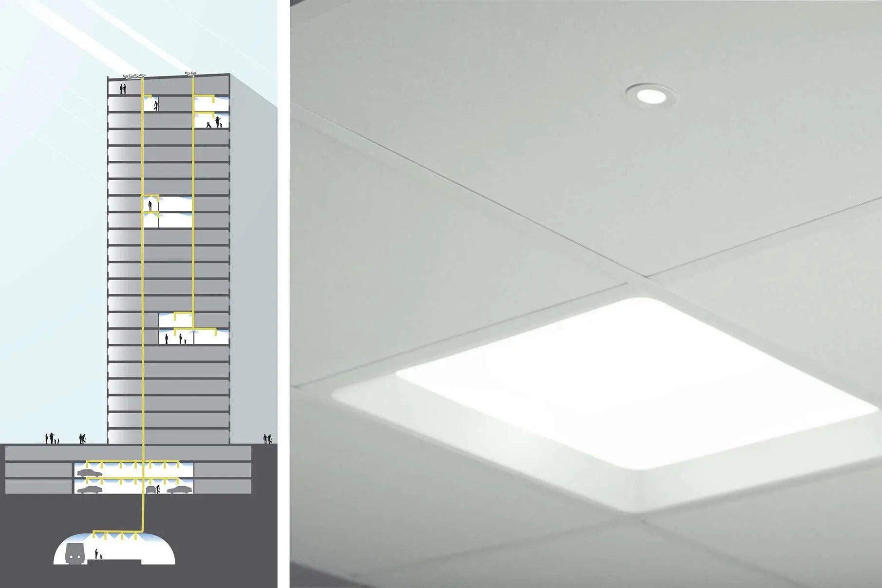 diagram showing how recessed solar fiber optic lighting works in a building