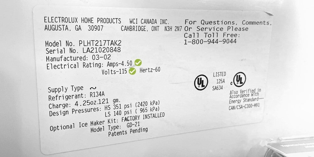 Refrigerator manufacturer's label