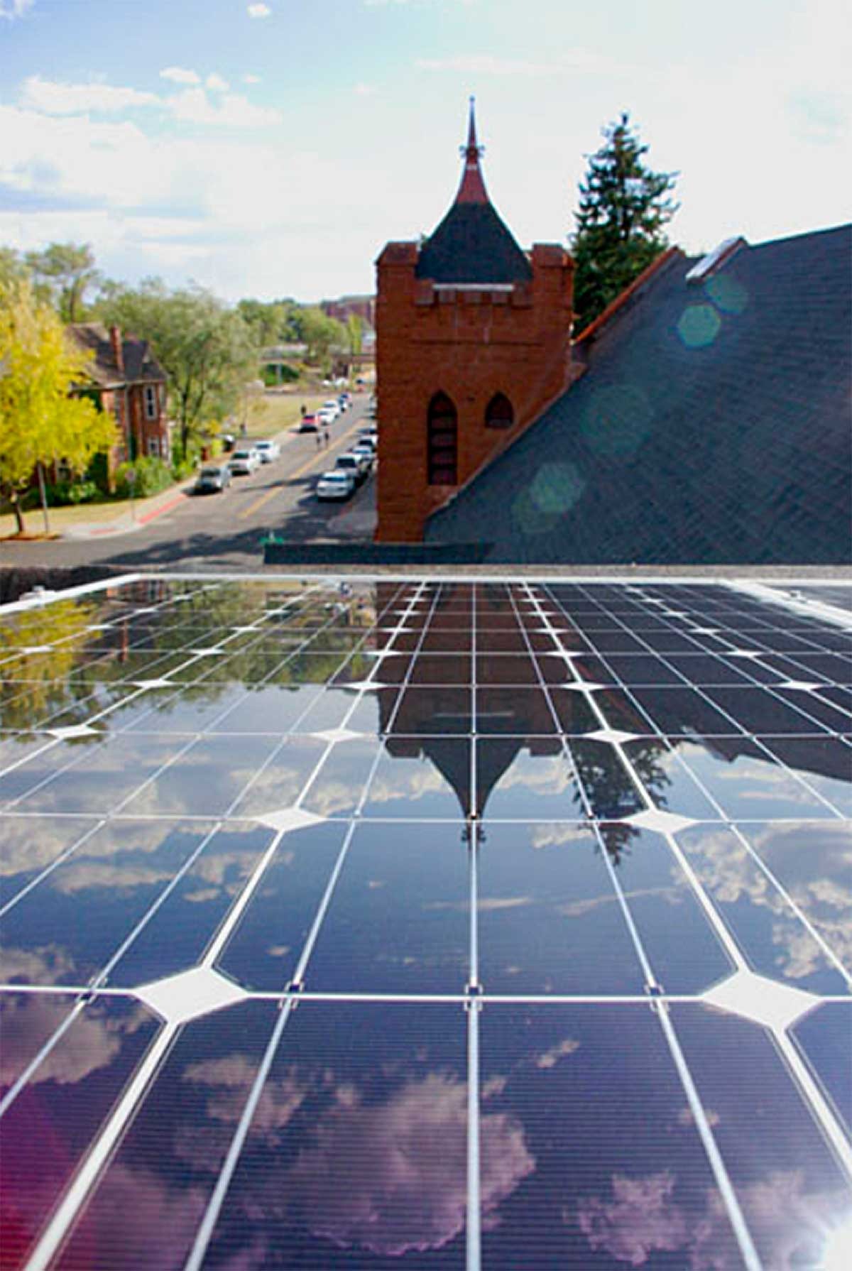 Close-up shot of a solar panel on top of a church in New Jersey