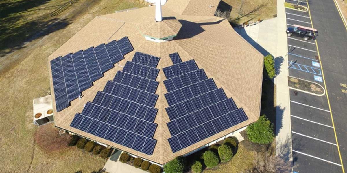 Overhead shot of a solar panel system on a church