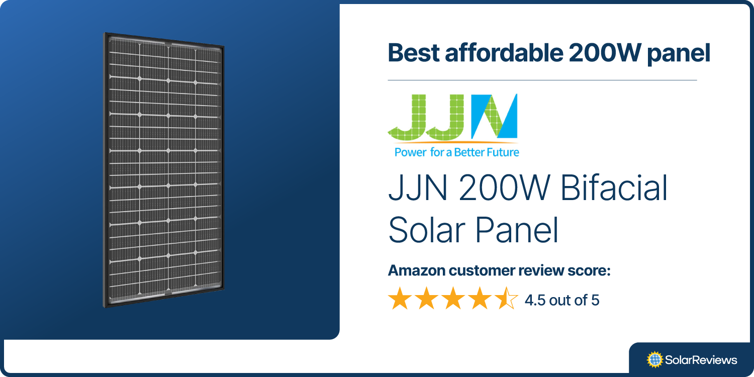 A product card showing that the JJN Bifacial Solar Panel is the best affordable 200W panel