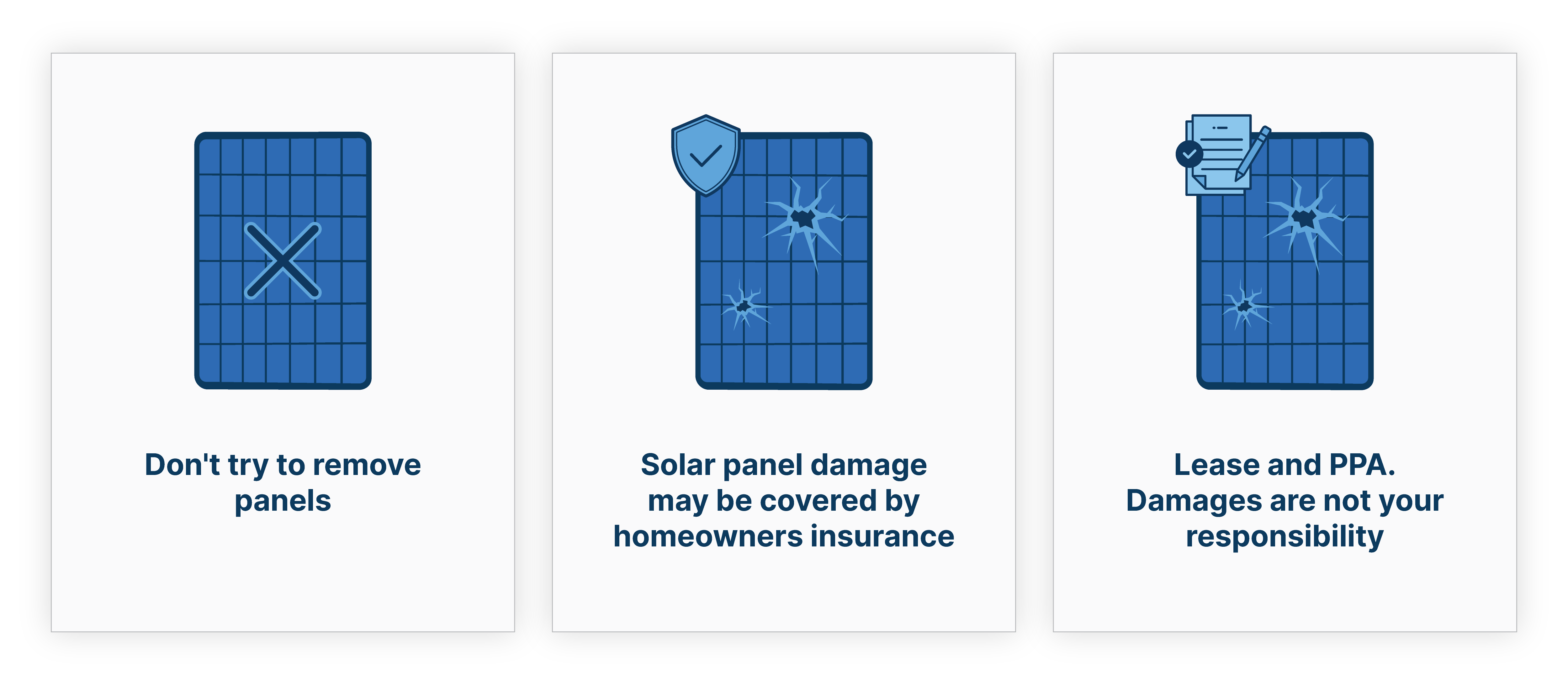 Three things to know about solar panels before a hurricane: don't try to remove panels, damage might be covered by homeowners insurance, damages to leases and PPAs are not your responsibility