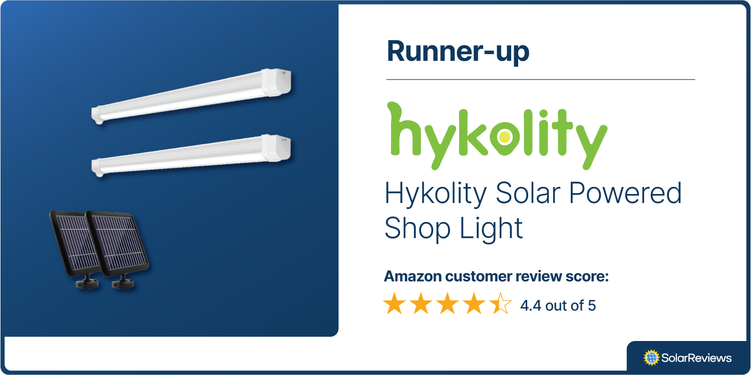 Brand card displaying that SolarReviews chose the Hykolity Solar Powered Shop Light as the runner-up pick for best solar shed light with 4.4 out of 5 stars on Amazon.